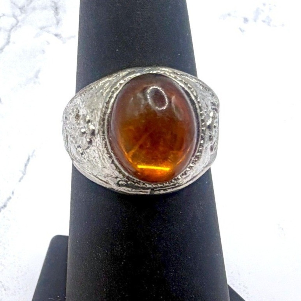 Orange Glass Cabochon Ring Size 6 Floral‎ Statement Ring Silver Tone